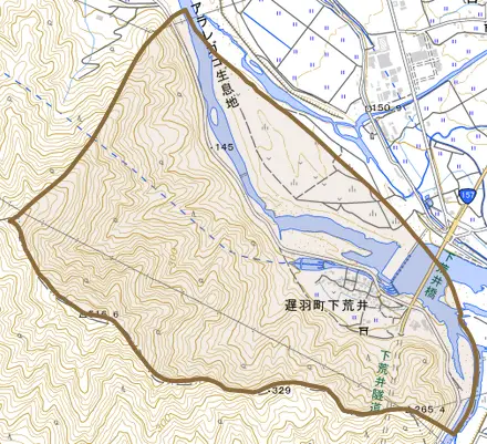 遅羽町下荒井とその周辺の地図。町の範囲を重ねている