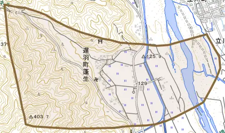 遅羽町蓬生とその周辺の地図。町の範囲を重ねている