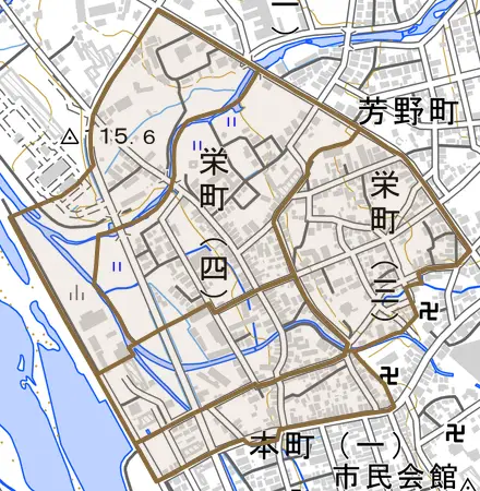 栄町とその周辺の地図。町の範囲を重ねている