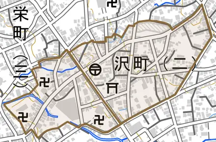 沢町とその周辺の地図。町の範囲を重ねている