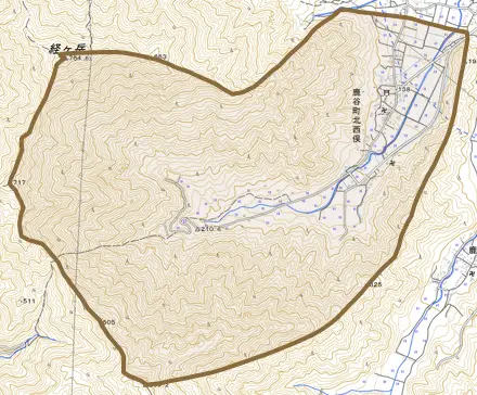鹿谷町北西俣とその周辺の地図。町の範囲を重ねている