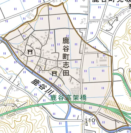 鹿谷町志田とその周辺の地図。町の範囲を重ねている