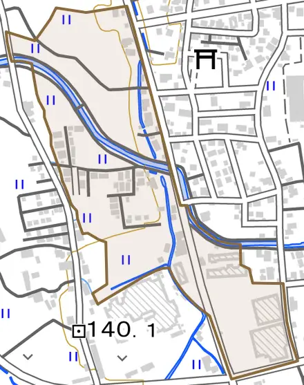 下毛屋とその周辺の地図。町の範囲を重ねている