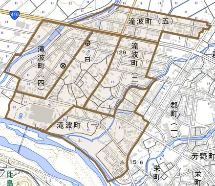 滝波町とその周辺の地図。町の範囲を重ねている