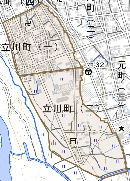 立川町とその周辺の地図。町の範囲を重ねている