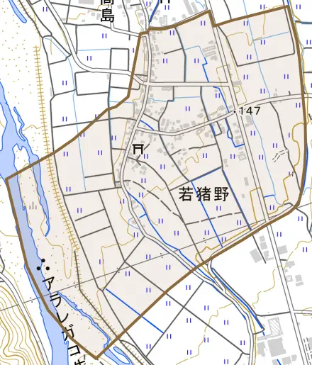 若猪野とその周辺の地図。町の範囲を重ねている