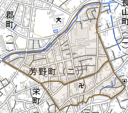 芳野町とその周辺の地図。町の範囲を重ねている