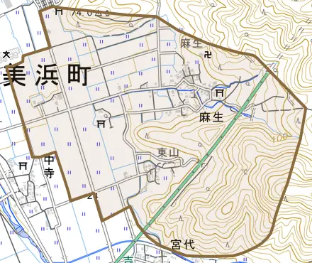 麻生とその周辺の地図。町の範囲を重ねている