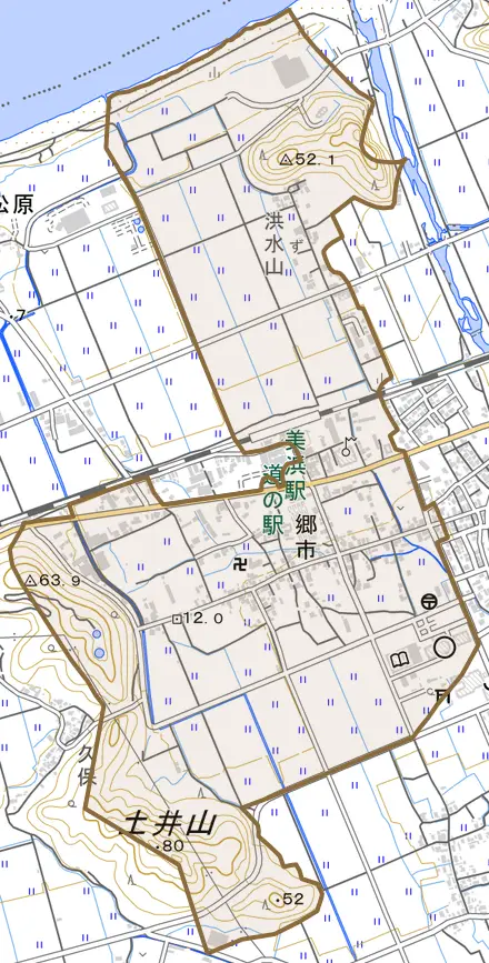 郷市とその周辺の地図。町の範囲を重ねている