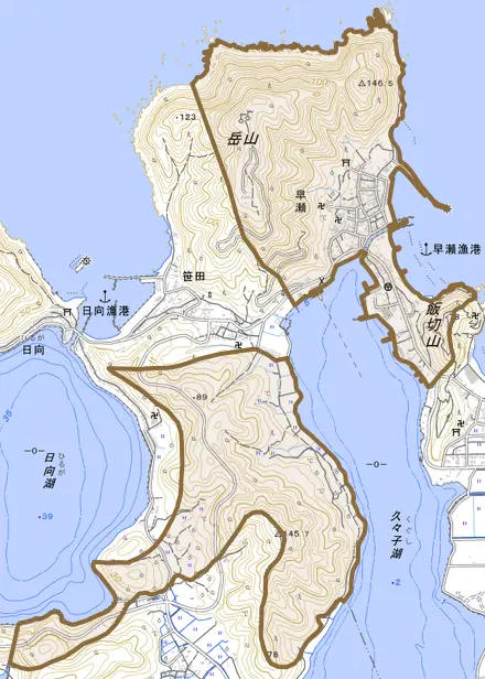 早瀬とその周辺の地図。町の範囲を重ねている