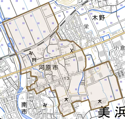 河原市とその周辺の地図。町の範囲を重ねている