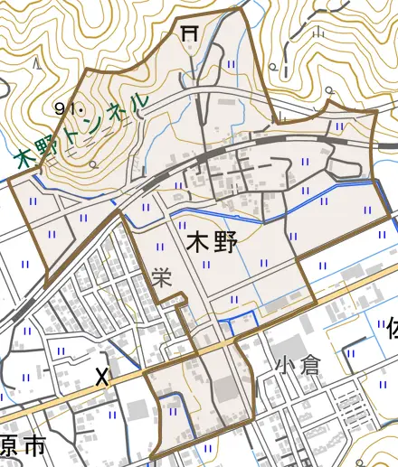 木野とその周辺の地図。町の範囲を重ねている