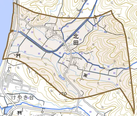 北田とその周辺の地図。町の範囲を重ねている