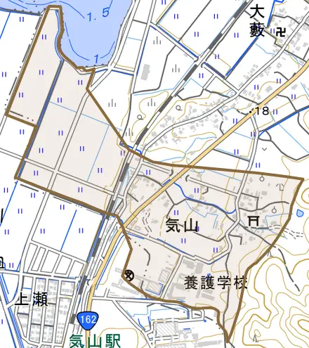 気山とその周辺の地図。町の範囲を重ねている