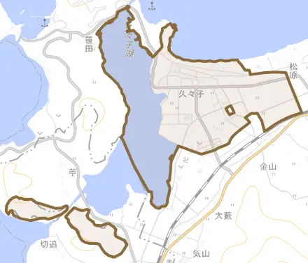 久々子とその周辺の地図。町の範囲を重ねている