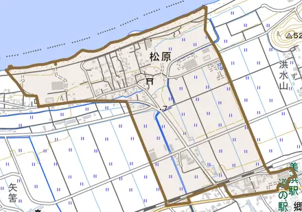 松原とその周辺の地図。町の範囲を重ねている