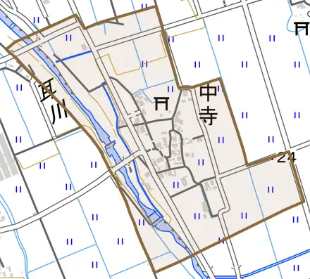 中寺とその周辺の地図。町の範囲を重ねている