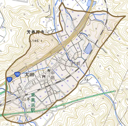 太田とその周辺の地図。町の範囲を重ねている