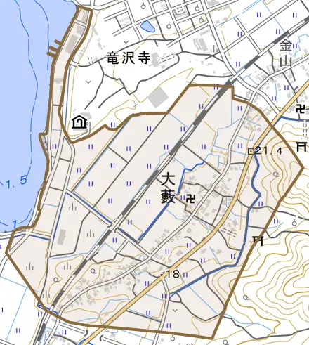 大藪とその周辺の地図。町の範囲を重ねている