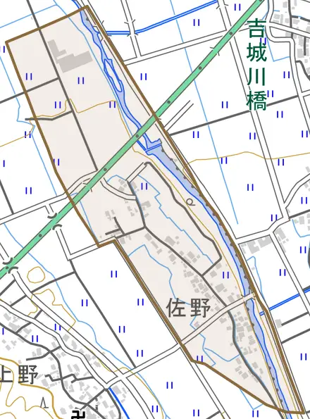 佐野とその周辺の地図。町の範囲を重ねている
