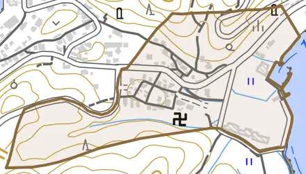 笹田とその周辺の地図。町の範囲を重ねている
