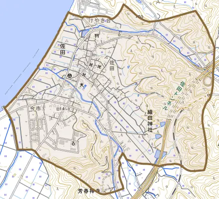 佐田とその周辺の地図。町の範囲を重ねている