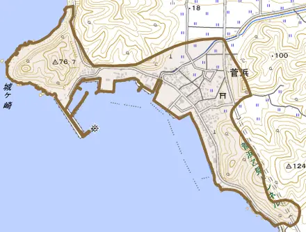 菅浜とその周辺の地図。町の範囲を重ねている