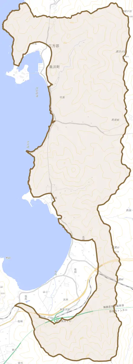 竹波とその周辺の地図。町の範囲を重ねている