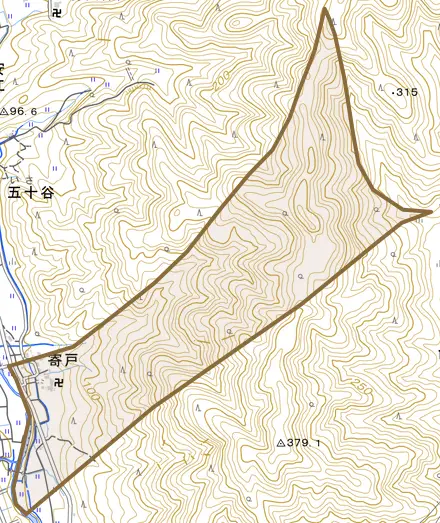 寄戸とその周辺の地図。町の範囲を重ねている