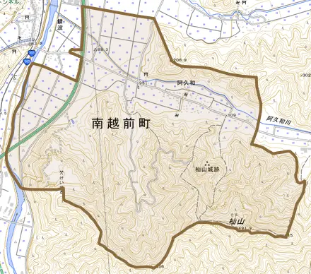 阿久和とその周辺の地図。町の範囲を重ねている