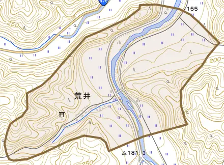 荒井とその周辺の地図。町の範囲を重ねている
