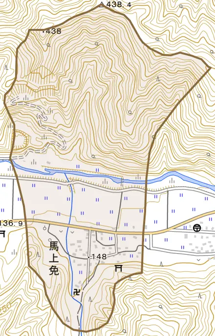 馬上免とその周辺の地図。町の範囲を重ねている