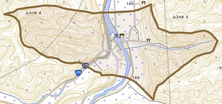 大門とその周辺の地図。町の範囲を重ねている