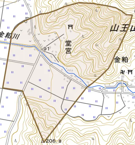 堂宮とその周辺の地図。町の範囲を重ねている
