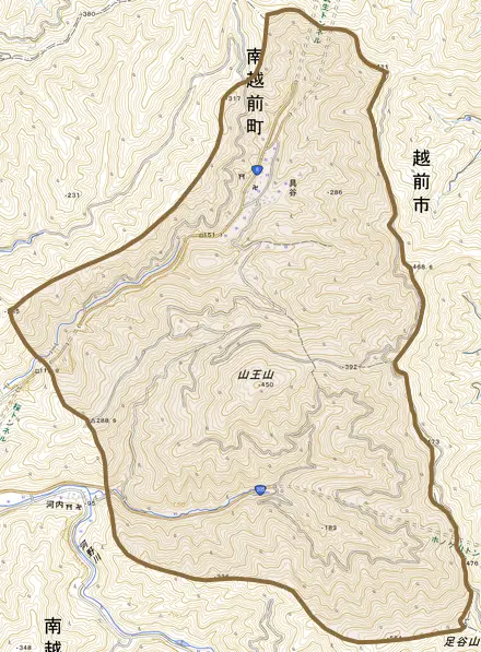 具谷とその周辺の地図。町の範囲を重ねている