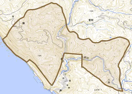八田とその周辺の地図。町の範囲を重ねている