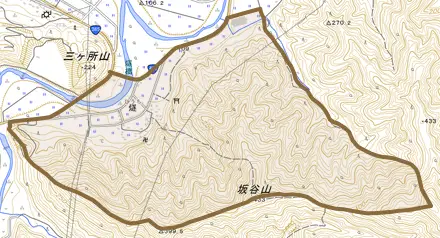 燧とその周辺の地図。町の範囲を重ねている