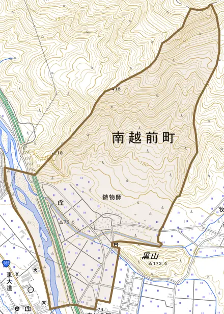 鋳物師とその周辺の地図。町の範囲を重ねている