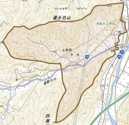 上別所とその周辺の地図。町の範囲を重ねている