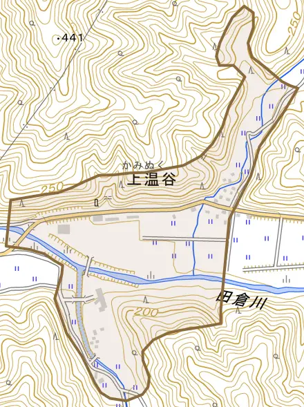 上温谷とその周辺の地図。町の範囲を重ねている