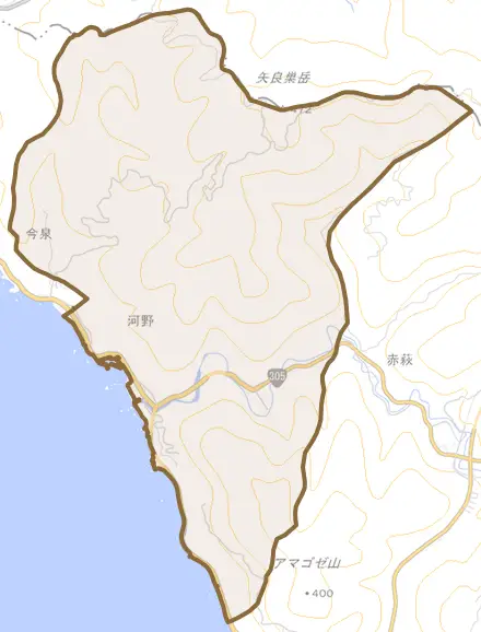 河野とその周辺の地図。町の範囲を重ねている
