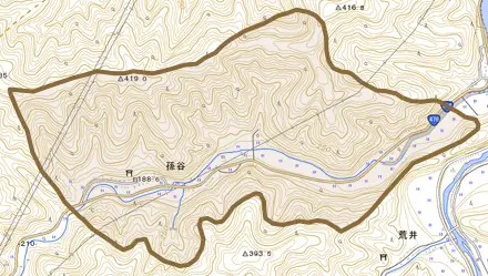 孫谷とその周辺の地図。町の範囲を重ねている