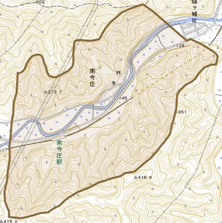南今庄とその周辺の地図。町の範囲を重ねている