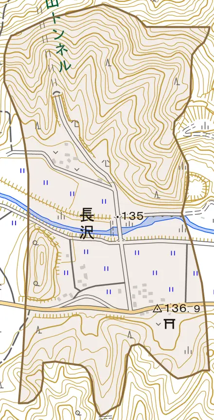 長沢とその周辺の地図。町の範囲を重ねている