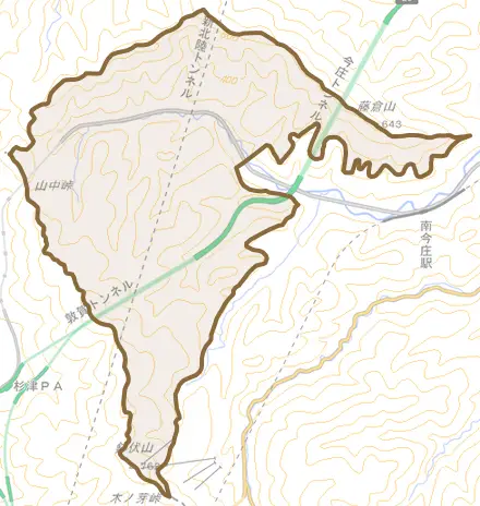 大桐とその周辺の地図。町の範囲を重ねている
