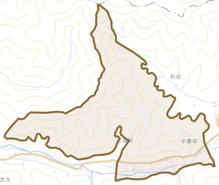 小倉谷とその周辺の地図。町の範囲を重ねている