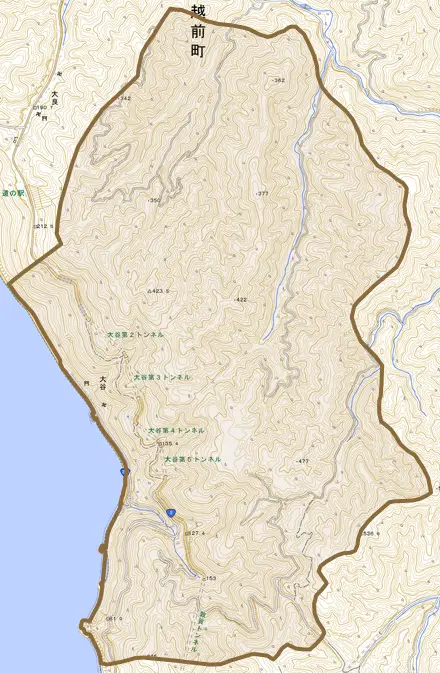 大谷とその周辺の地図。町の範囲を重ねている