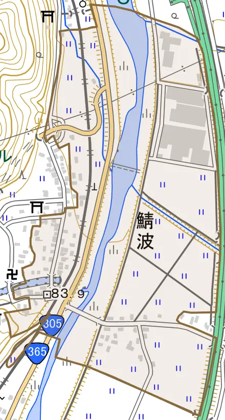 鯖波とその周辺の地図。町の範囲を重ねている