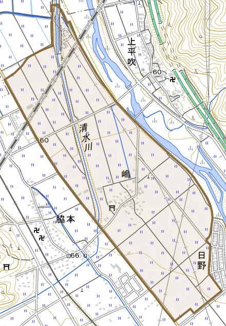 嶋とその周辺の地図。町の範囲を重ねている