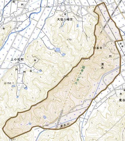 清水とその周辺の地図。町の範囲を重ねている